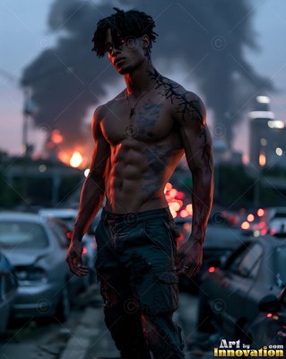 Standing shirtless on a ruined highway, a muscular young man pauses before smoke and fire