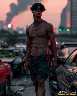 A young man without a shirt walks past wrecked cars in red sunset light