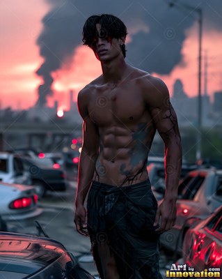 On a crowded highway at dusk, a bare-chested man stands near cars under smoky skies