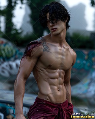 Standing shirtless outdoors, a wounded pale young man with wet dark hair