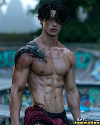 A bare-chested young man with black hair and a wounded shoulder outdoors