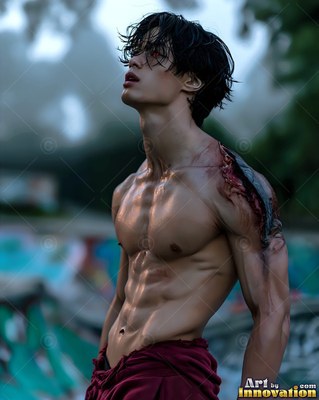 A deep gash on his shoulder marks a bare-chested man standing outside in a foggy skate park
