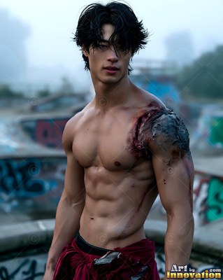 A shirtless young man stands in an abandoned park under pale gray morning light