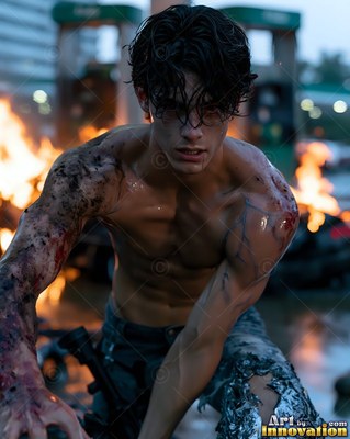 Crouching forward at a burning gas station, a pale bare-chested man glares ahead