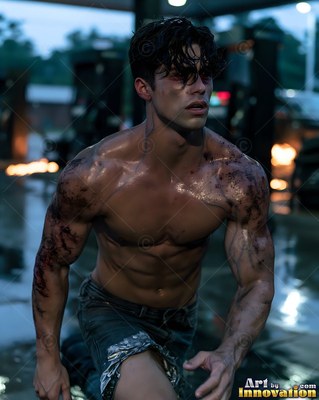 A shirtless man crouches in the rain outside a dark gas station with small fires behind him