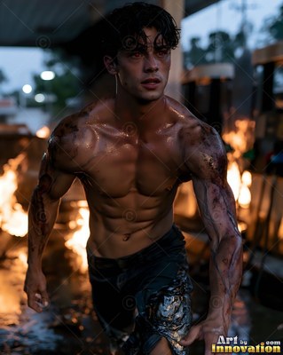 At a burning gas station, a shirtless muscular man strides forward in the firelight