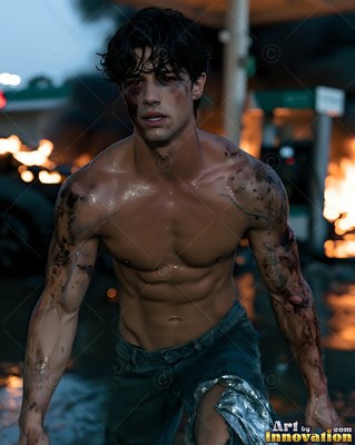 Stalking forward, a bruised bare-chested man with dark hair passes fires at a gas station