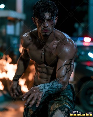 A shirtless muscular man crouches near a fire on a city street