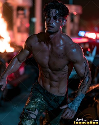 Dark veins spread on a man with no shirt running past a burning car at night
