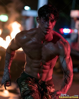 A muscular bare-chested man runs forward as red police lights shine on his dark skin