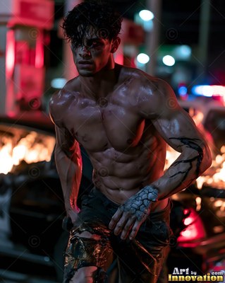 Leaning forward on a night street, a bare-chested man steps past burning cars