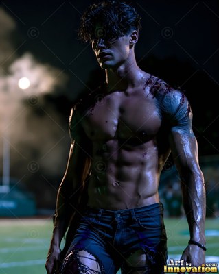A muscular young man with cuts on his chest stands on a dark football field at night