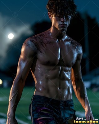 On a dark football field, a young man with no shirt stands under moonlight