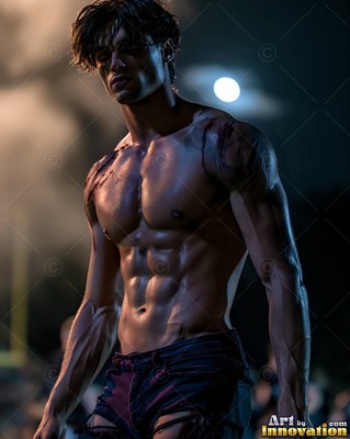 Standing shirtless under the moon, a bruised muscular man wears torn shorts at night