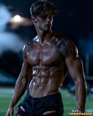 A shirtless muscular man with dark scars on a field at night