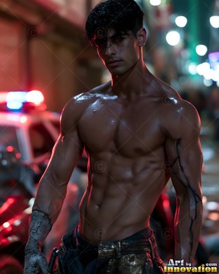Black veins run down the muscular arm of a man with no shirt standing on a dark street near a police car