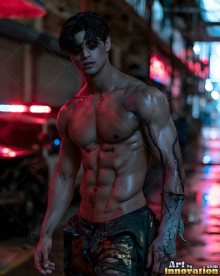 A shirtless muscular man stands on a wet city street lit by red emergency lights