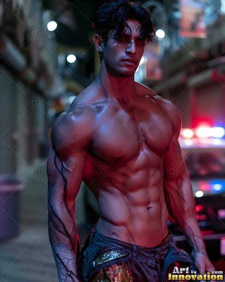 A muscular shirtless man stands in a dark city street lit by red police lights