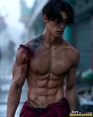 On a misty city street, a muscular shirtless man has a bloody wound on his shoulder