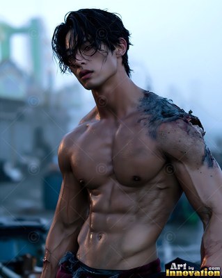 Standing shirtless at dusk, a muscular young man shows a blackened shoulder wound