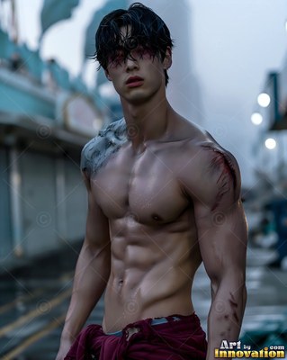 Shirtless injured young man standing on a misty street