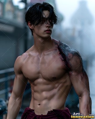 Dark blackened skin covers the shoulder of a man with no shirt standing on a hazy street