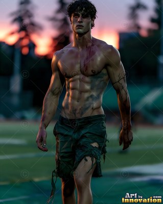 A shirtless bruised man steps across a field under a pink twilight sky