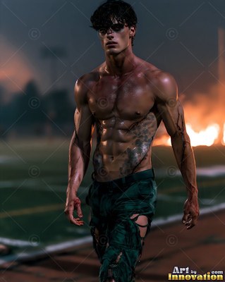 Walking forward on a running track, a man with no shirt passes a burning fire