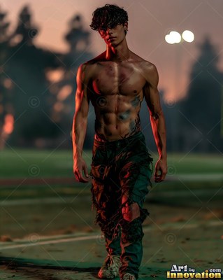 A shirtless bruised young man in ripped pants walks on a sports field at dusk
