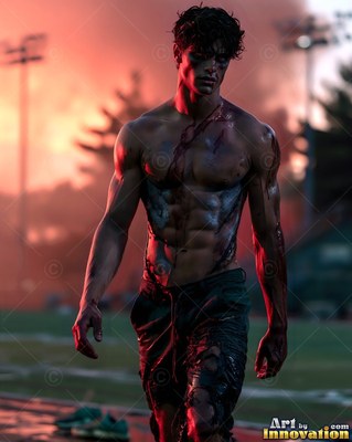 On a smoky sports field, a bloodied man with no shirt walks forward in red dusk light