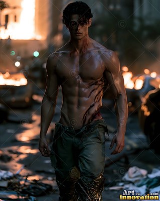 Walking forward shirtless, a bruised muscular man heads down a ruined street with fires