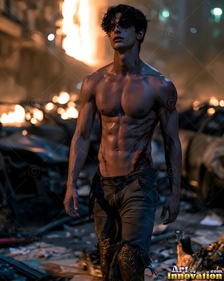 Young man without a shirt walks past burning cars on a dark ruined street