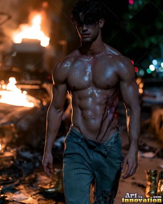 A shirtless man walks forward as orange fire burns behind him in the dark street