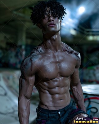 Muscular shirtless man turns his neck in a dark skatepark under cool light