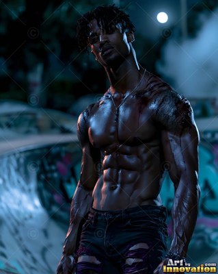 A muscular shirtless man with scarred shoulders stands outside in blue light