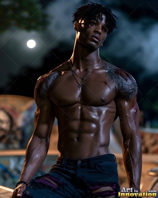 Under a night moon, a muscular shirtless young man sits outside in ripped jeans