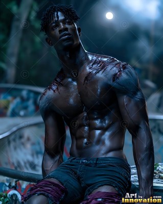 Sitting under moonlight, a muscular shirtless Black man rests with bloody claw marks on his shoulders