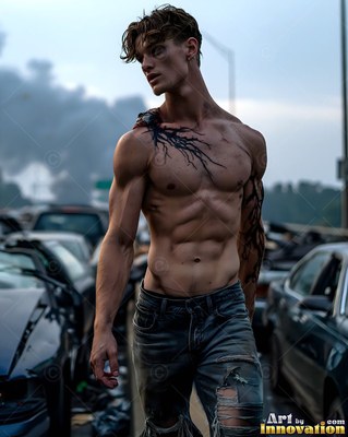 A man with no shirt with black veins walks past ruined cars