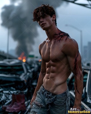 Dark veins mark the shoulder of a bare-chested young man walking past burned cars in smoke
