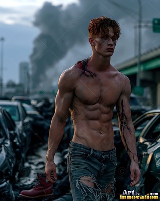 A muscular, bare-chested man strides through wrecked cars under cold gray daylight