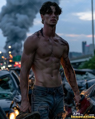 Standing shirtless in a ruined highway, a man carries work boots