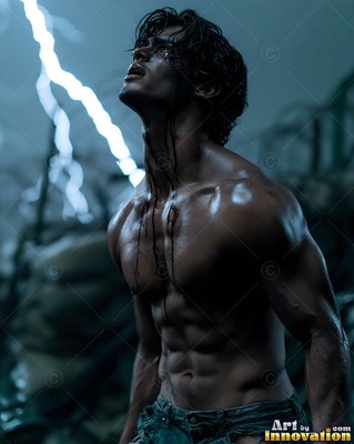 A shirtless muscular man with dark wet hair looks up under bright lightning