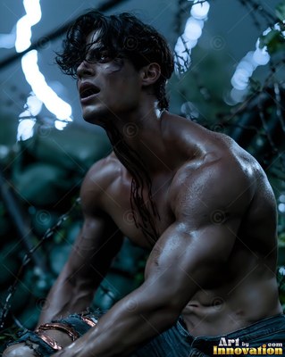 In dark woods, a young man with no shirt looks up with blood dripping down his neck