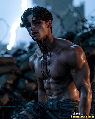 Sitting shirtless in dark rubble, a bruised young man pauses under lightning flashes