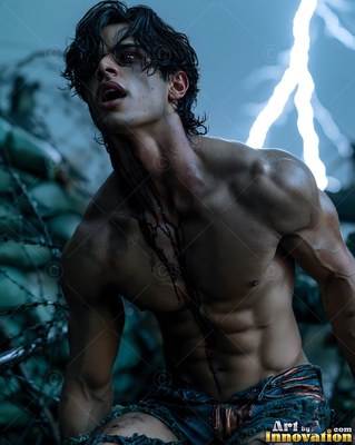 Shirtless man kneeling under lightning with blood on his neck