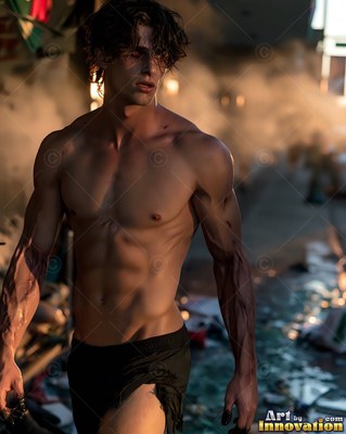 Veiny muscular arms mark a shirtless young man walking through dusty, sunlit street debris