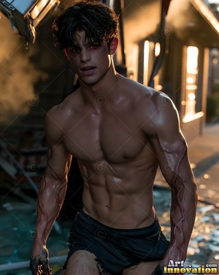 A muscular shirtless young man walks forward through a street lit by warm evening sun