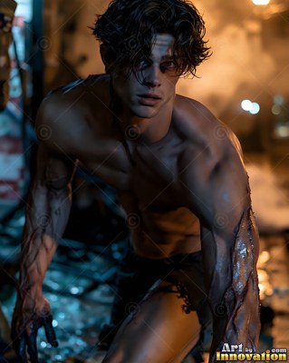 Crouching low on a dim ruined street, a shirtless muscular man crawls forward