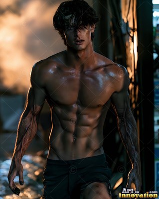 A muscular bare-chested man with dark wet hair walks through smoky shadows