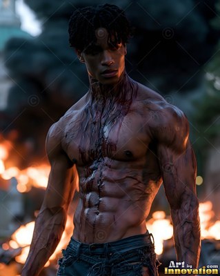 In front of a raging fire, a muscular shirtless man stands marked with dark blood